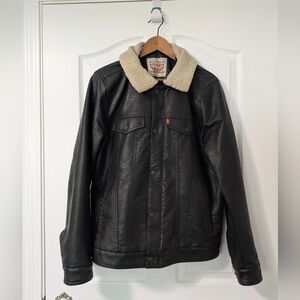 Levi Black Faux Leather Jacket with Cream Sherpa Collar